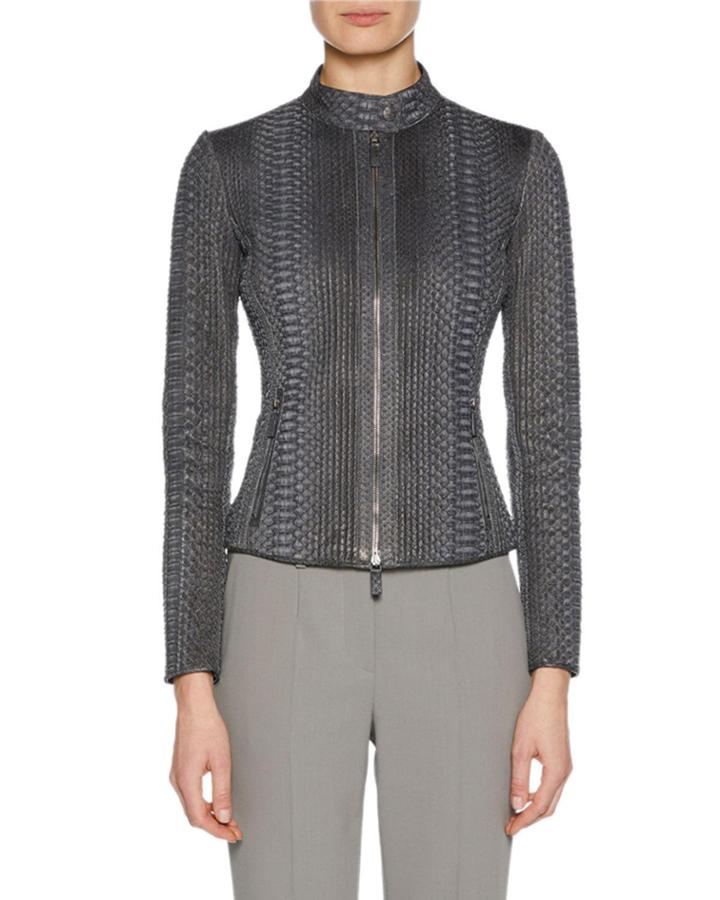 Python Snakeskin Zip-front Fitted Jacket