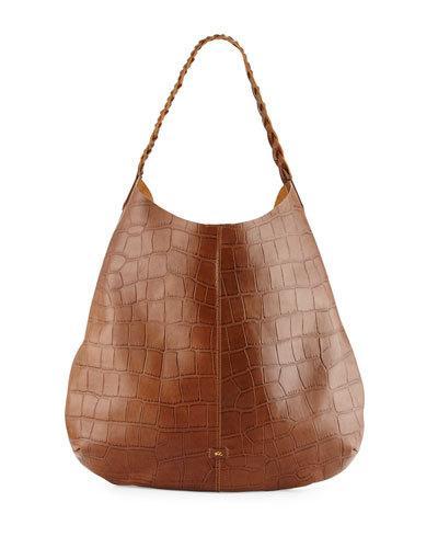 Farrah Crocodile-embossed Leather Hobo Bag, Oak