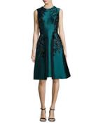 Sleeveless Floral-embroidered Dress, Teal