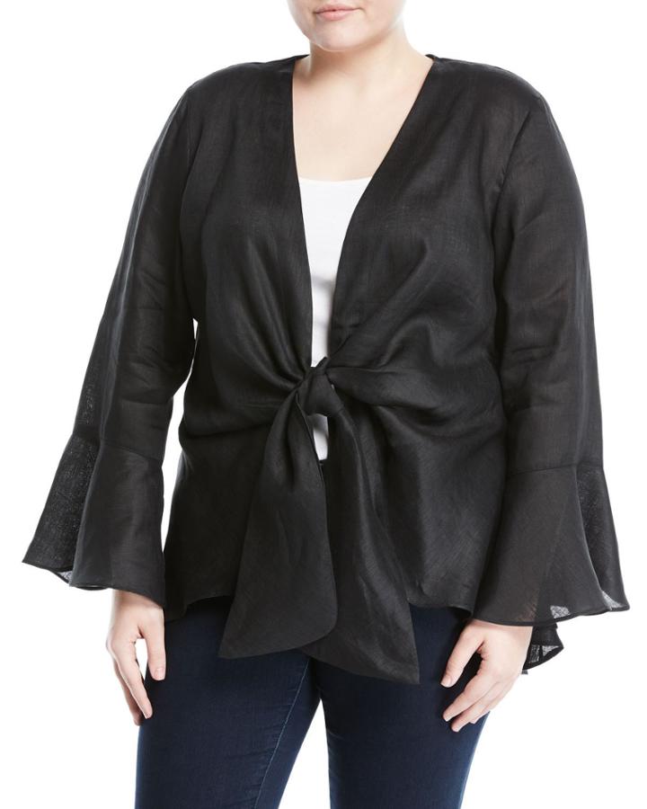 Bell-sleeve Tie-front Linen Blouse,