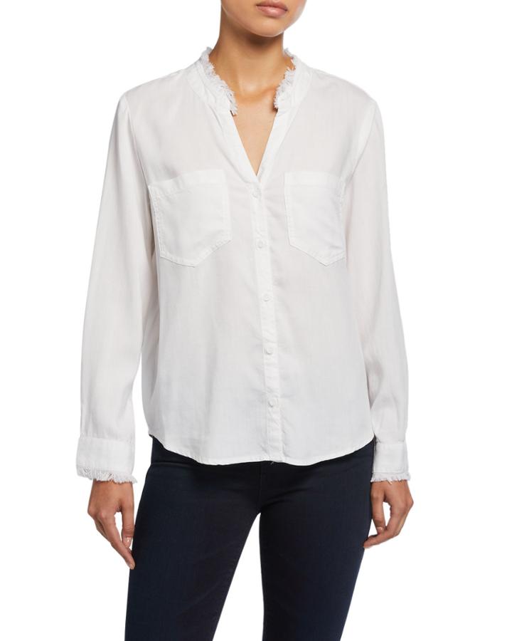 Nazira Button-down Long-sleeve Shirt W/ Frayed Mandarin Collar