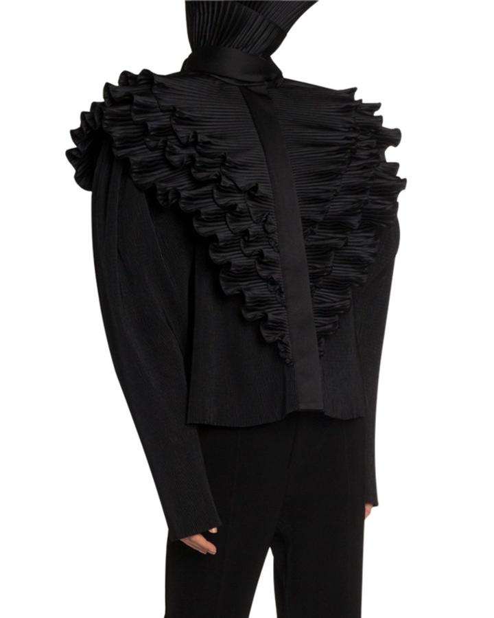 Satin Pleated Ruffle-bib Blouse With Incognito Collar