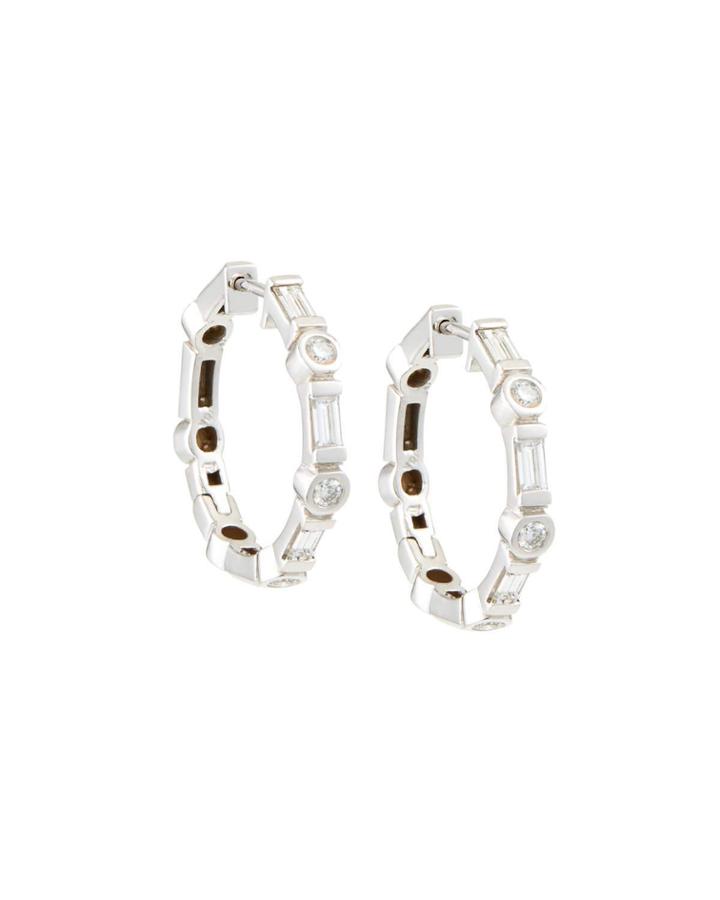 18k White Gold Round & Baguette Diamond Hoop Earrings