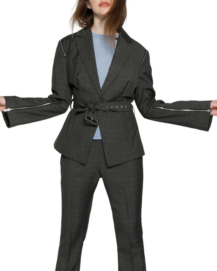 Elsa Zip-detail Check Buckle Front Blazer