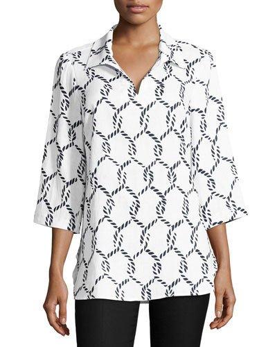 3/4-sleeve Rope-print Linen Tunic, White/blue
