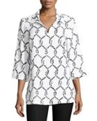 3/4-sleeve Rope-print Linen Tunic, White/blue