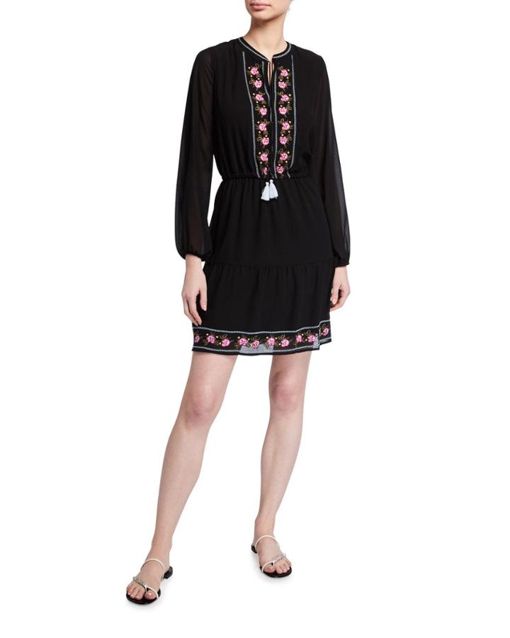 Embroidered Tassel Tie Chiffon Dress
