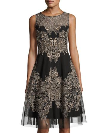 Social Embroidered-mesh Dress, Black/gold