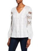 Leigha V-neck Long-sleeve High-low Blouse With Lace & Embroidery