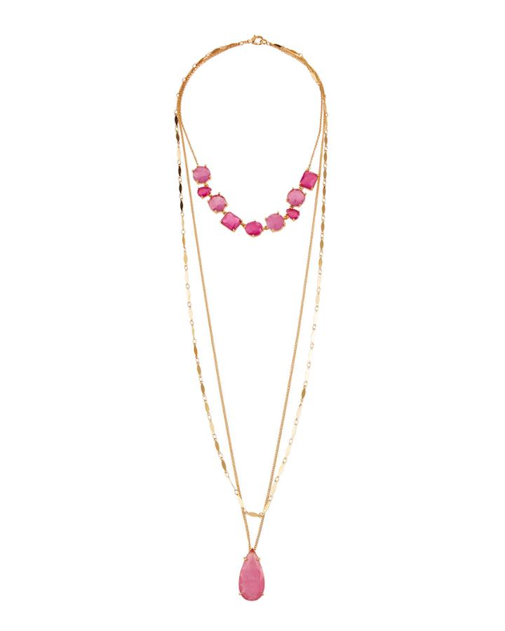 3-chain Plastic Stone Necklace, Pink