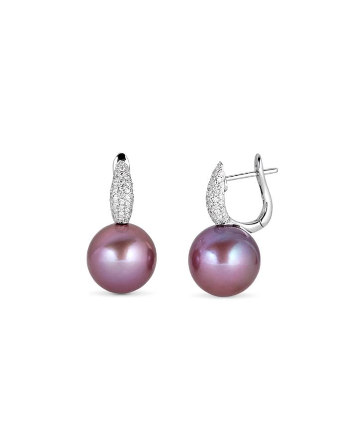 Classic 18k White Gold Pink Pearl Diamond Huggie Earrings