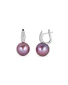 Classic 18k White Gold Pink Pearl Diamond Huggie Earrings
