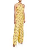 Lemon Floral Jacquard Sleeveless Zip-front Jumpsuit