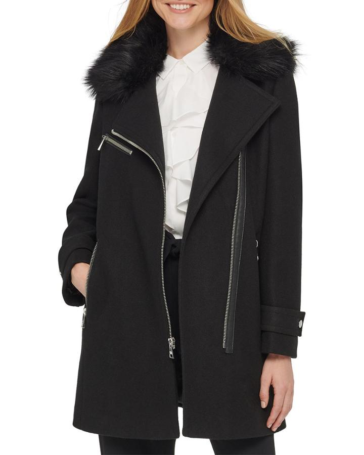 Asymmetric Zip Faux Fur Trim Wool Jacket