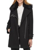 Asymmetric Zip Faux Fur Trim Wool Jacket