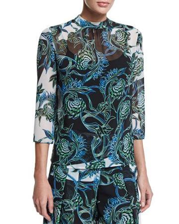 Ikebana-print High-collar Blouse