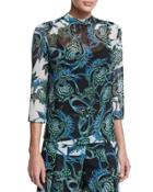 Ikebana-print High-collar Blouse
