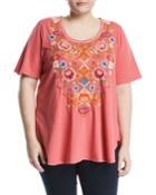 Anaya Short-sleeve Embroidered Top, Coral,