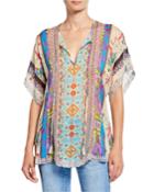 Plus Size Floral Mixed Medai Split-neck Scallop Hem Georgette Blouse
