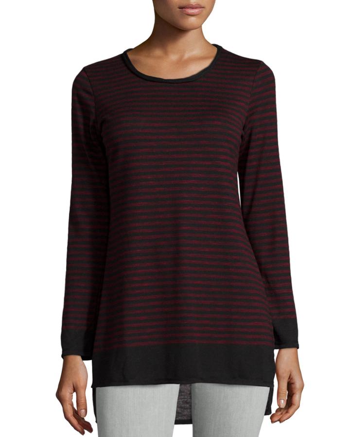Max Studio Long-sleeve Striped Hi-lo Tunic, Black/oxblood, Women's, Size: Small, Black/ Oxb