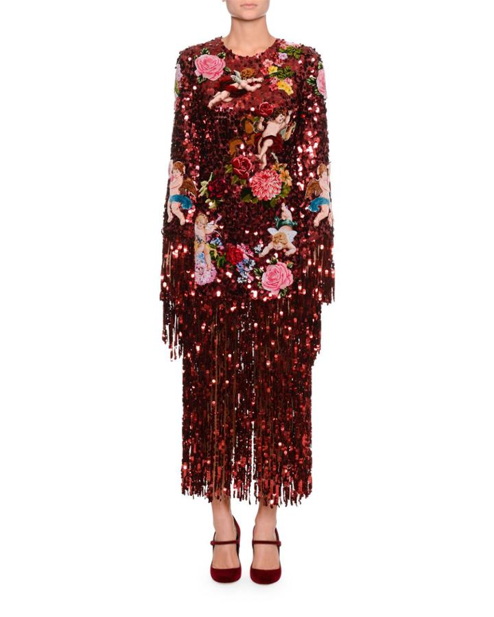 Long-sleeve Paillette Sequin Rose-patch Fringe-bottom Evening Dress