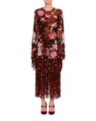 Long-sleeve Paillette Sequin Rose-patch Fringe-bottom Evening Dress