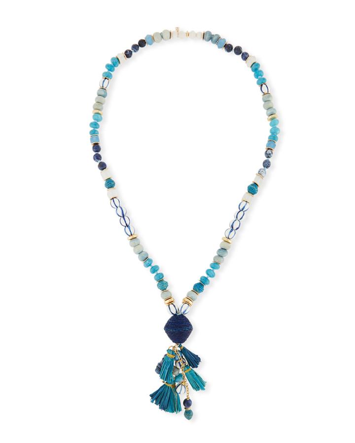 Long Mixed Bead Necklace W/ Multi-tassel Drop,