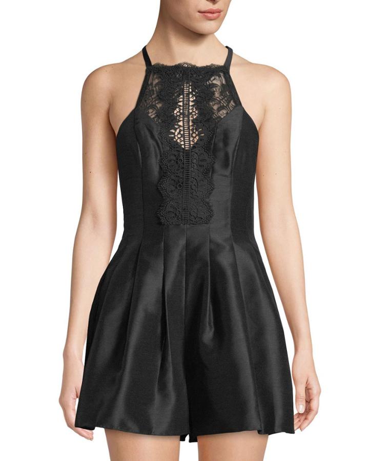 Lace-neck Two-pocket Pleated