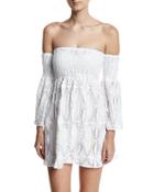Floral Crochet Off-the-shoulder Smocked Coverup Mini Dress, White