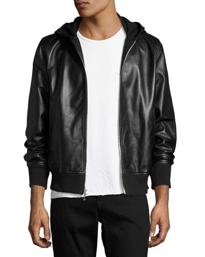 Men's Christopher Black Leather Hooded Bomber Jacket