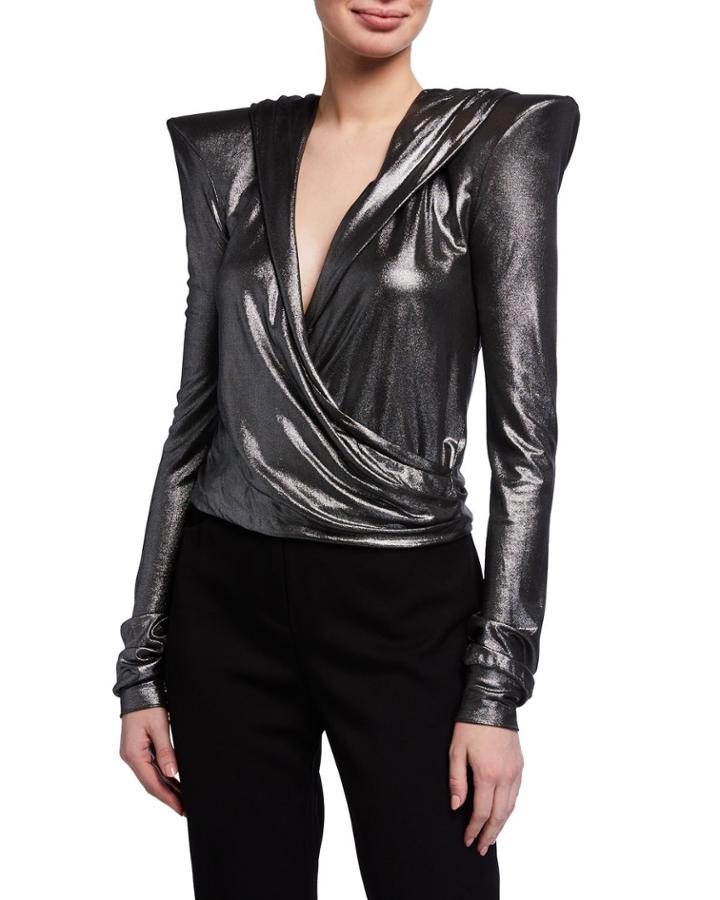 Hooded Strong-shoulder Metallic Wrap Top