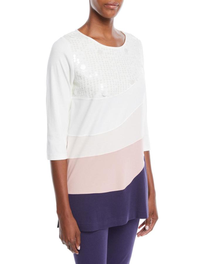 Ballet-neck 3/4-sleeve Colorblock Tunic W/