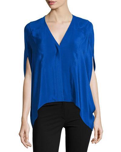 Silk V-neck Poncho Blouse, Vivid Blue