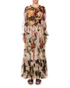 Blouson-sleeve Floral-print Chiffon Gown