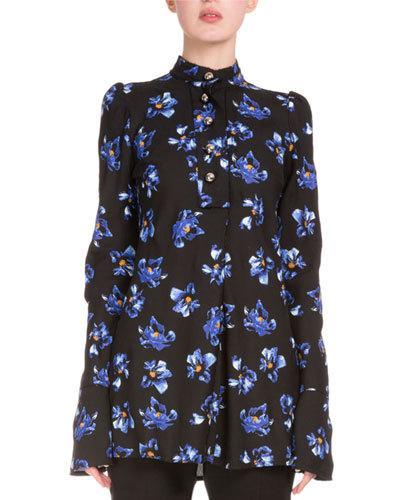 Button-front Floral-print Tunic, Black/cobalt Flower
