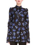 Button-front Floral-print Tunic, Black/cobalt Flower
