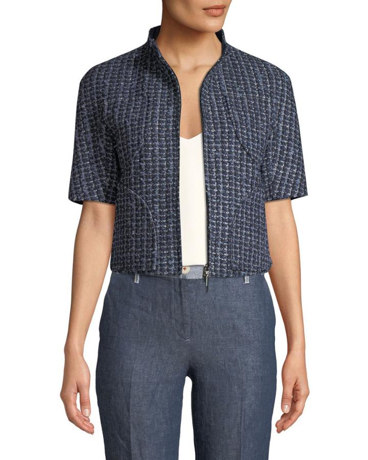 1/2-sleeve Zip Front Tweed Jacket