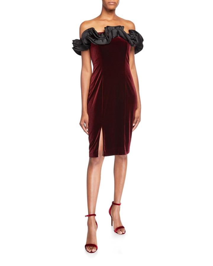 Ruffled Off-the-shoulder Velvet Cocktail Dress