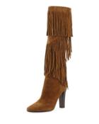 Fringe Suede 95mm Knee Boot, Cigare