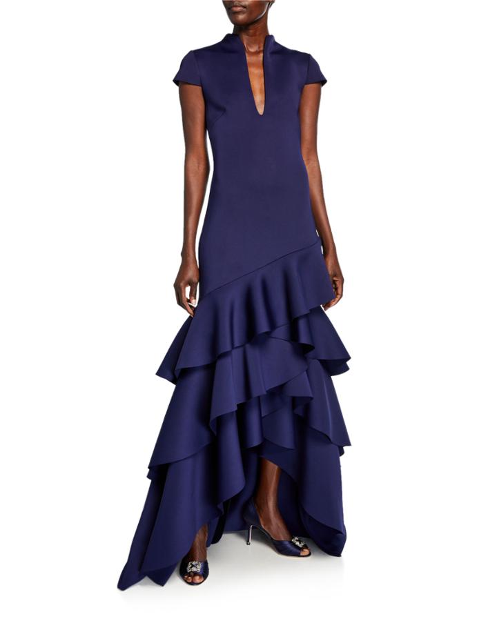 Funnel-neck Cap-sleeve High-low Ruffle Hem