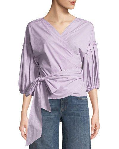 Bubble-sleeve Tie-waist Blouse, Red/navy