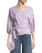 Bubble-sleeve Tie-waist Blouse, Red/navy