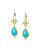 18k Turquoise, Diamond & Topaz Clover Drop Earrings