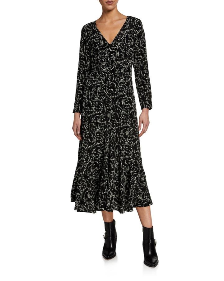 Floral Long-sleeeve Slit-front Dress