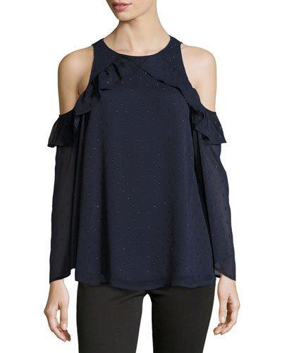 Ruffle-trim Cold-shoulder Blouse, Navy
