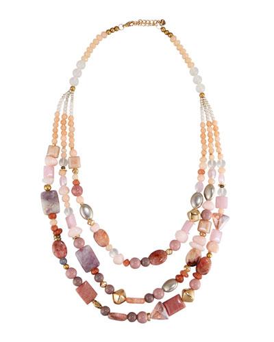 Long Triple-strand Beaded Necklace, Pink