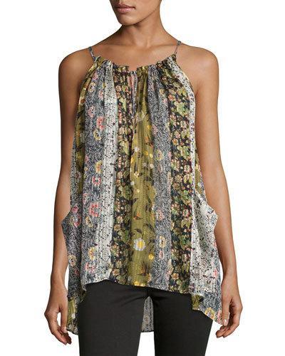 Floral-print Sleeveless Silk Top, Khaki
