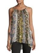 Floral-print Sleeveless Silk Top, Khaki