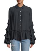 Round-collar Ruffle-sleeve Button-front Blouse