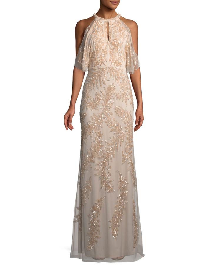 Embellished Sequin Cold-shoulder Gown